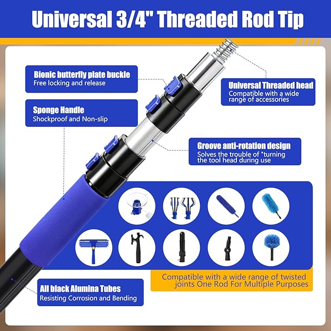 20FT Light Bulb Changer for High Ceilings with 5-12FT Heavy Duty Extension Pole,High Ceiling Ceiling Fan Cleaner Duster Kit for Home & House High Window, Interior Roof Window Cleaning Blue