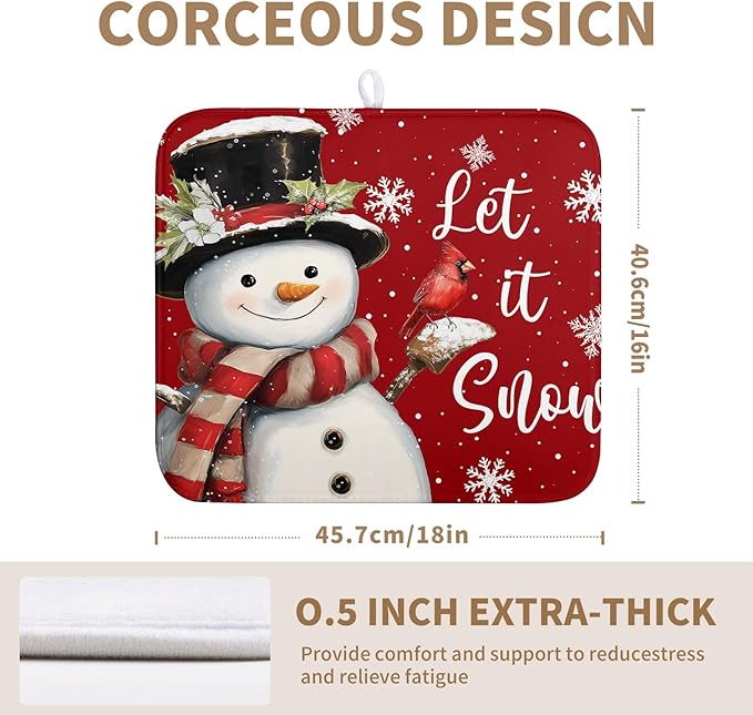 Wnoesat Snowman Christmas Dish Drying Mat Winter Drying Mats for Kitchen Counter Xmas Holiday Red Dish Draining Mat Microfiber Absorbent Reusable Dish Rack Pad 16x18 Inch