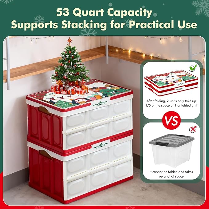 Christmas Storage Box 50L 2 Pack, Foldable Storage Box with Wood Lid & Handles, Includes Christmas Stickers for DIY, Multifunctional Wood Top for Holiday Decor, Gift, Fruit Cutting & Home Organization