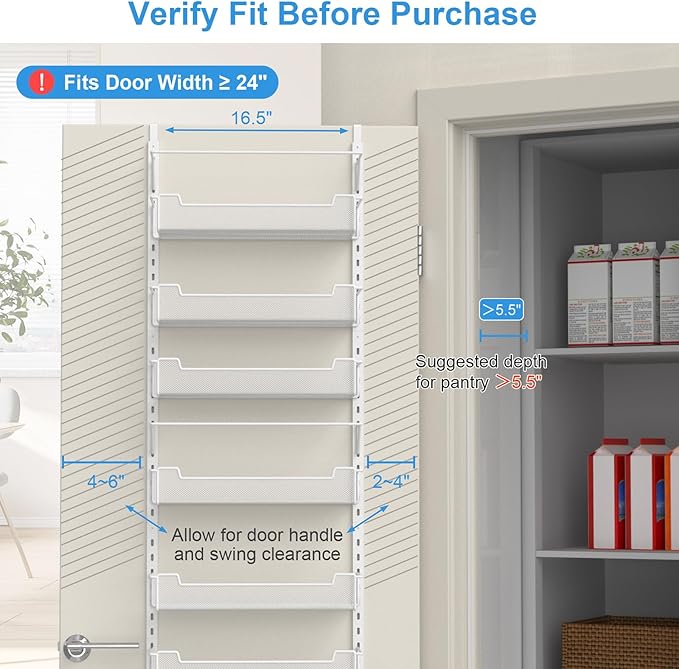 VyGrow Over the Door Pantry Organizer, 6-Tier Over the Door Organizer with Adjustable Basket, Pantry Door Organization for Pantry Kitchen Storage Room Spice Rack, White