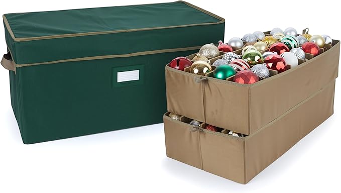 Covermates Keepsakes Adjustable Ornament Storage Box – Heavy-Duty Polyester, Padded Dividers & FlexGrid Trays – Protective Holiday Organizer with Stackable Walls & Label Window, Green