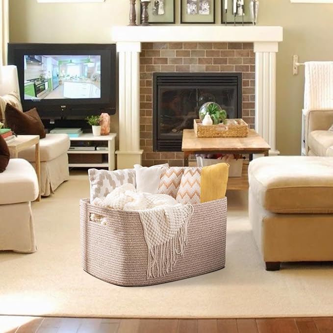 OIAHOMY 75L Large Woven Cotton Rope Storage Basket with Handle for Organizing Blanket and Toys for Living Room, Nursery, Brown Variegated 22”x17”x12”