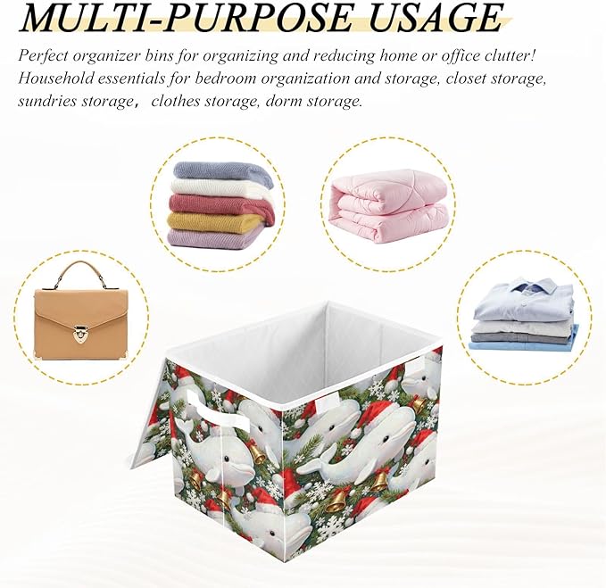 Christmas Dolphin Pattern Storage Bins with Lids Foldable Storage Basket with Handles Collapsible Large Fabric Organizer Containers for Clothes Shelves Closet Office Home
