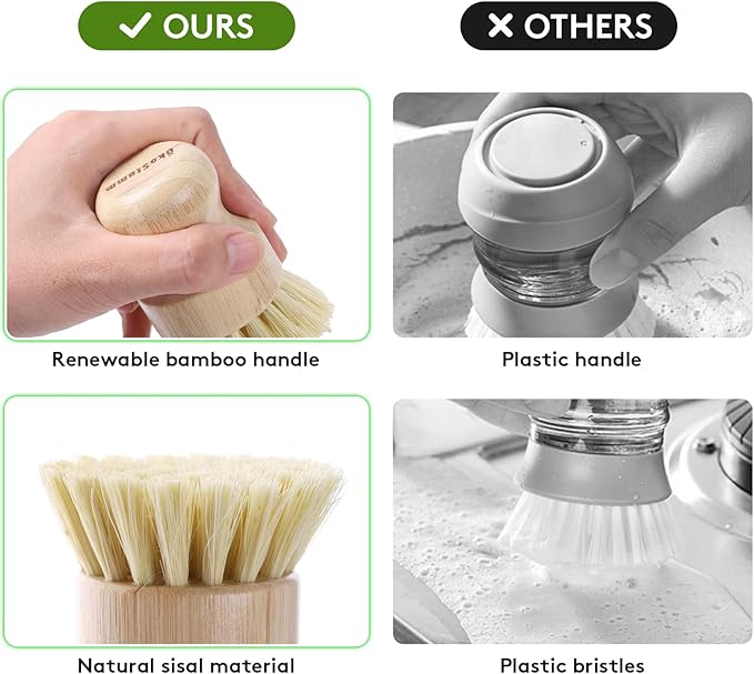 ÖkoStamm 4 Pack Bamboo Dish Brush, Natural Dish Scrubber with Sisal Bristle, Scrub Brush for Kitchen Cleaning Dishes, Pots, Pans, Bottles, Vegetables