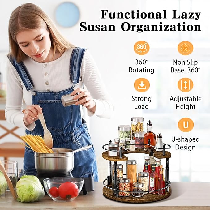 SYNAMENO 2 Tier Lazy Susan Organizer Turntable for Cabinet U-Shape Spinning Makeup Organizer 11.8" Rotating Spice Rack Height Adjustable, Pantry, Kitchen Countertop, Party, Bedroom