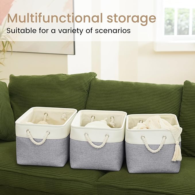 Large Storage Baskets- 15x11x10 inch Storage Bins for Shelves and Closet Organizing, Foldable Fabric Bin for Home Organization Clothes and Laundry (3-Pack, White&Gray)