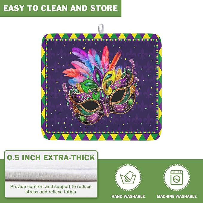 Wnoesat Mardi Gras Dish Drying Mat for Kitchen Counter Masquerade Mask Feather Dishes Drying Mat Microfiber Absorbent Reusable Washable Dishes Drainer Rack Mats 16x18 Inch