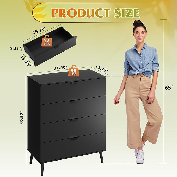 WLIVE 4 Drawer Dresser for Bedroom, Wooden Black Tall Dresser, Modern Dressers with Sturdy Metal Handle, Small Chest of Drawers for Living Room, Hallway