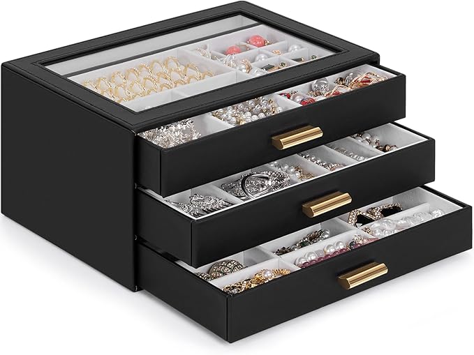 AKOZLIN Jewelry Box with Clear Lid Functional Leather Jewelry Storage Organizer Case 3 Drawers for Women Girls Necklace Ring Bracelet Earring