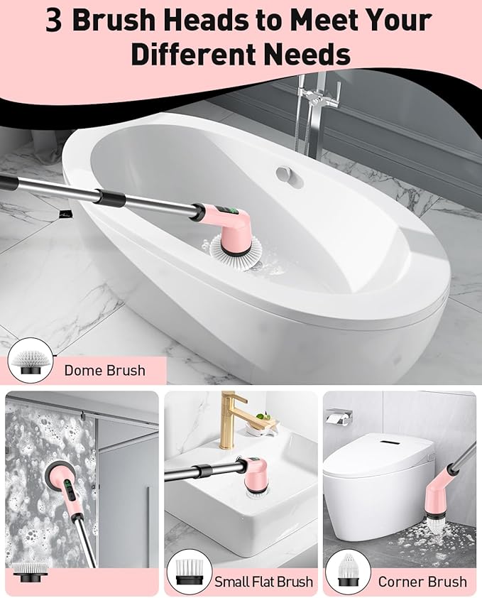 Electric Spin Scrubber for Cleaning Bathroom, Shower Scrubber Cordless Cleaning Brush with IPX7 Waterproof & 2 Speed, 3 Brush Heads, Bathroom Cleaning Supplies for Shower Tub Kitchen Tile Toilet Pink