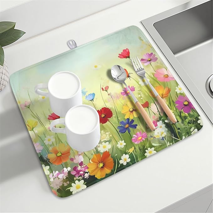 ABSOP Spring Summer Daisy Dish Drying Mat 16 x 18 Inch Colourful Floral Pattern Dish Drainer Rack Mat Absorbent Microfiber Mats Holiday Dish Pad for Kitchen Coffee Dining Bar Decor