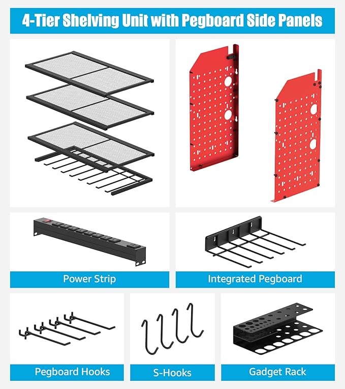 CCCEI Modular Power Tools Organizer with USB Charging Station, 4 Layer Drills and Battery Storage Wall Mount, Garage Shop Organization, Anniversary, Birthday, Gifts for Men, Father, 6FT Cord, Red.