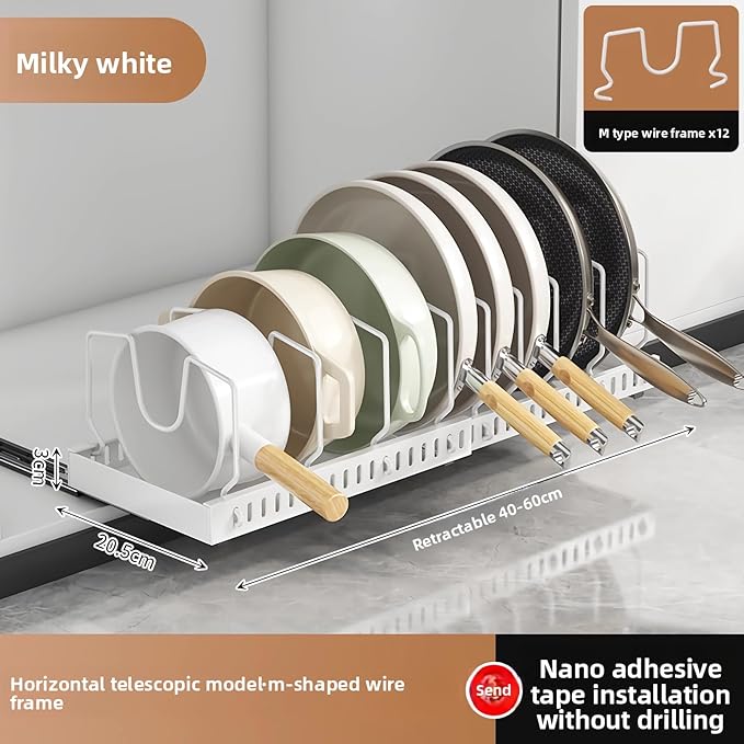 Mnftive pots and pans organizer under cabinet,pot lid organizers inside cabinet holders for kitchen,Horizontal and vertical pulling modes,Can be extended and adjusted (White horizontal pull-out)