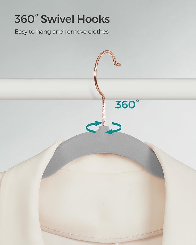 SONGMICS Slim Velvet Hangers, Non-Slip Clothes Hangers with Rose Gold Swivel Hooks, Space-Saving, for Closet, 50 Pack, Dove Gray UCRF026G50