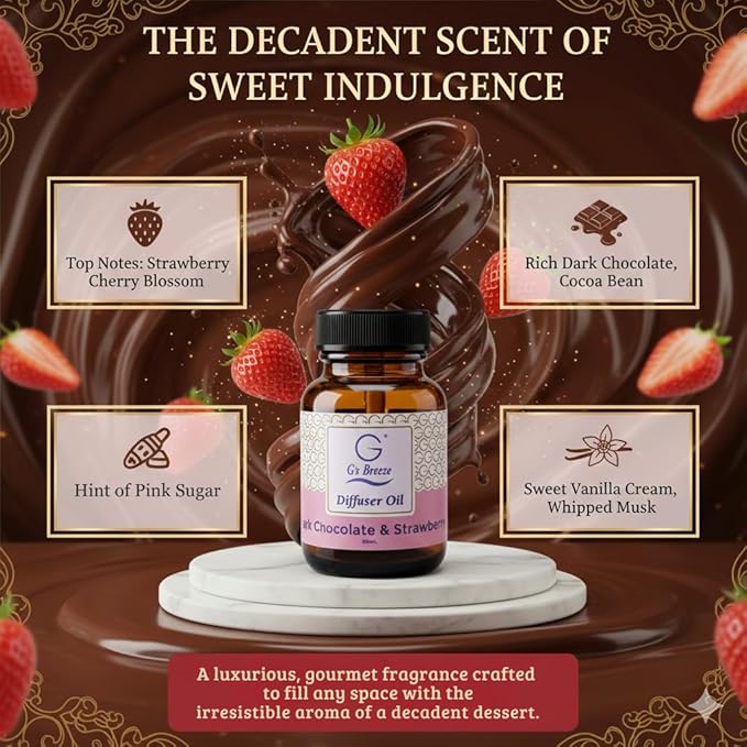 G's Breeze Dark Chocolate & Strawberry Diffuser Oil - Gentle Fragrance & Soothing Aroma of Velvety Dark Chocolate with Juicy Strawberry - Long-Lasting - Ideal for Home, or Office - 60 ML