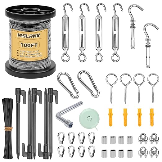 MSLANE 1/16" Black Wire Rope Kit 100FT 304 Stainless Steel Vinyl Coated with M5 Turnbuckles, 7x7 Strand Core Aircraft Cable for String Light, Picture Hanging, Clothesline, Curtain, and Plant Trellis