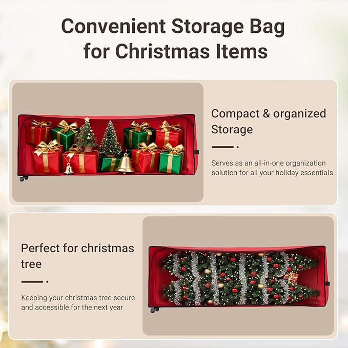 ELYKEN Christmas Tree Storage Bag with Wheels, Rolling Storage Bag for Artificial Christmas Tree and Decorations, Heavy Duty 600D Oxford Fabric, Length-Adjustable Handles, 16x20x64in, Red