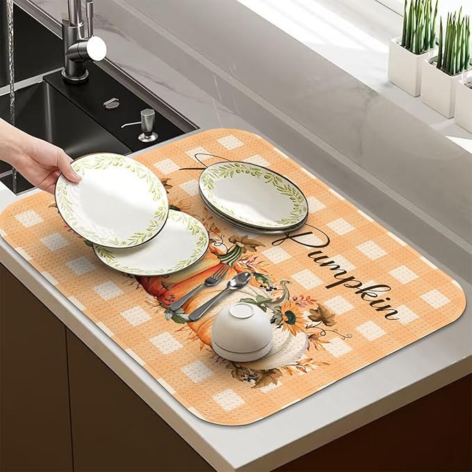 Quick Absorbent Kitchen Drying Mat - Stylish Patterns Fall Dish Drying Mat- 16×18 Inch & 18×24 Inch Pumpkin Kitchen Drainer Mat for Countertops, Dishes & Glassware