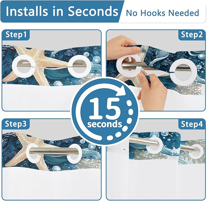 No Hook Spa-Like Ocean Shower Curtain, Blue Shower Curtains for Bathroom with Snap in Weighted Shower Curtain Liner and See Through Window, Starfish Nautical Bathroom Decor, 71x74 Inches
