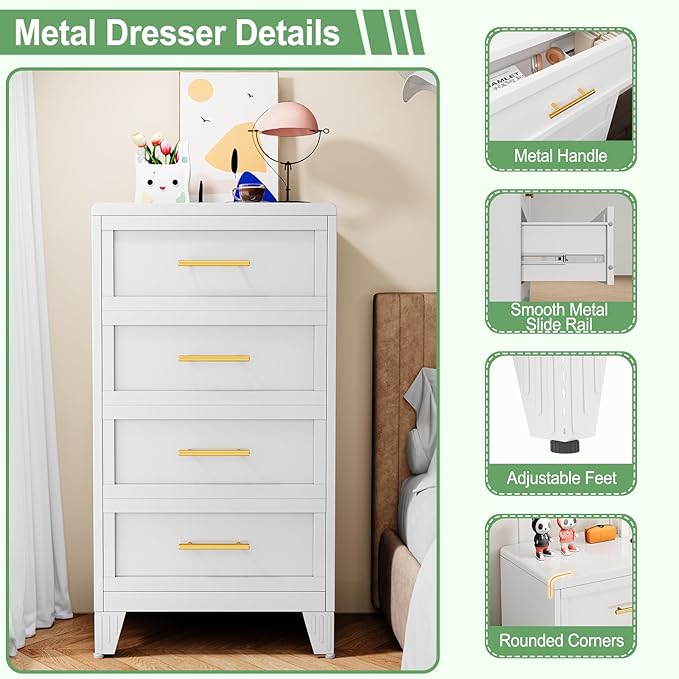 Metal Dresser Tall Narrow Dresser for Bedroom Chest, 44.45" H Drawer Chest, Closet Dressers & Chests of Drawers for Living Room, Hallway (4 Drawers White 24inch Wide)
