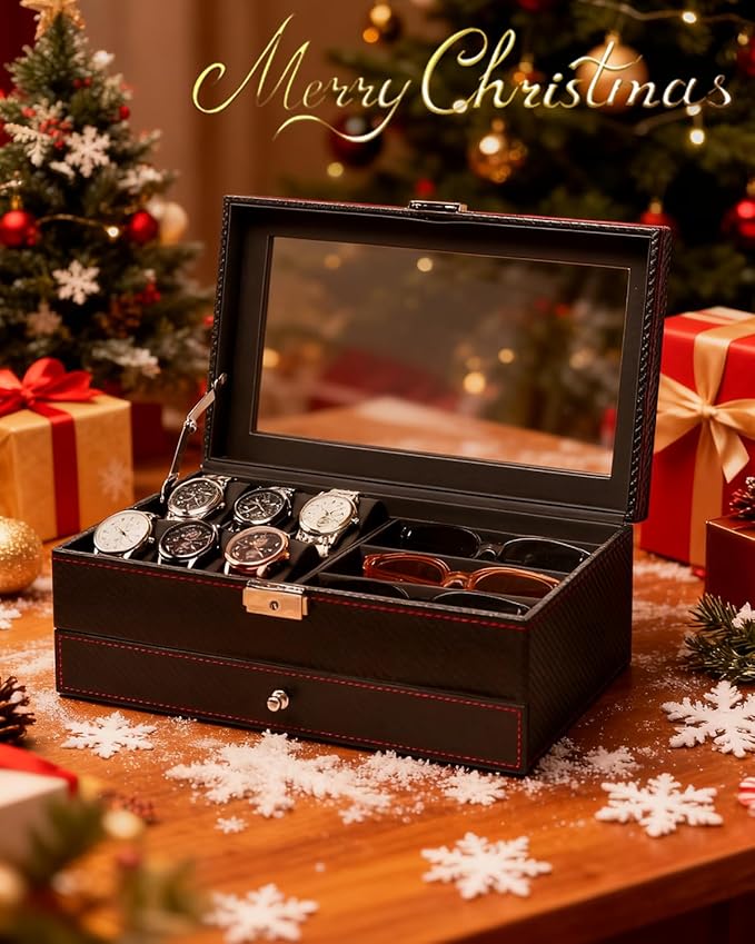 Jenseits Watch Box for Mens Jewelry Box, 6 Slot Watch Case & 3 Slot Sunglasses Organizer, Lockable PU Leather Jewelry Organizer Watch Display Storage W/Drawer For Rings Bracelets, Gift for Men Women