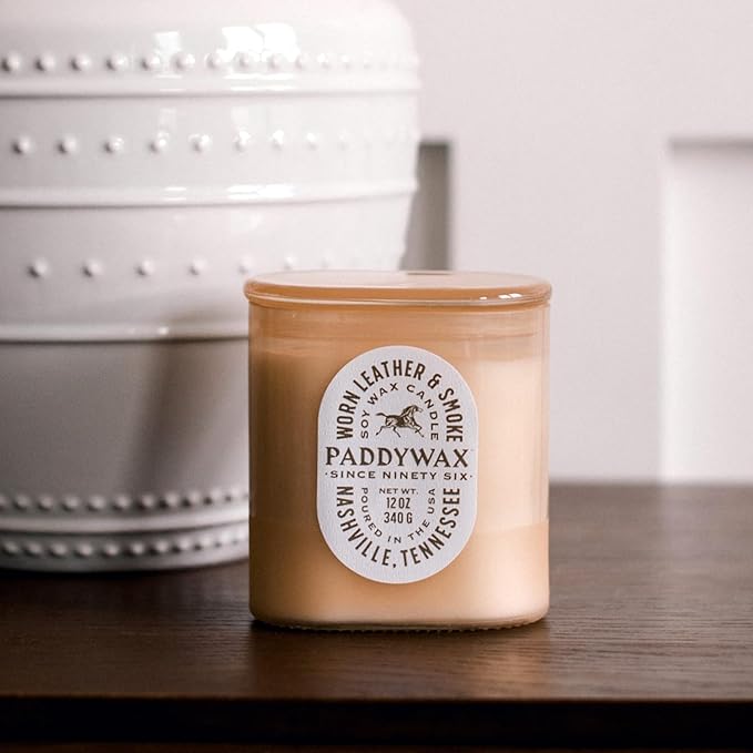 Paddywax Vista Scented Candle with Lid in Reusable Tonal Glass Jar, Clean-Burn 2-Wick Soy Candle with Approx. 84 Hour Burn Time, Decorative Gift Candles for Home, Worn Leather & Smoke, 12 oz