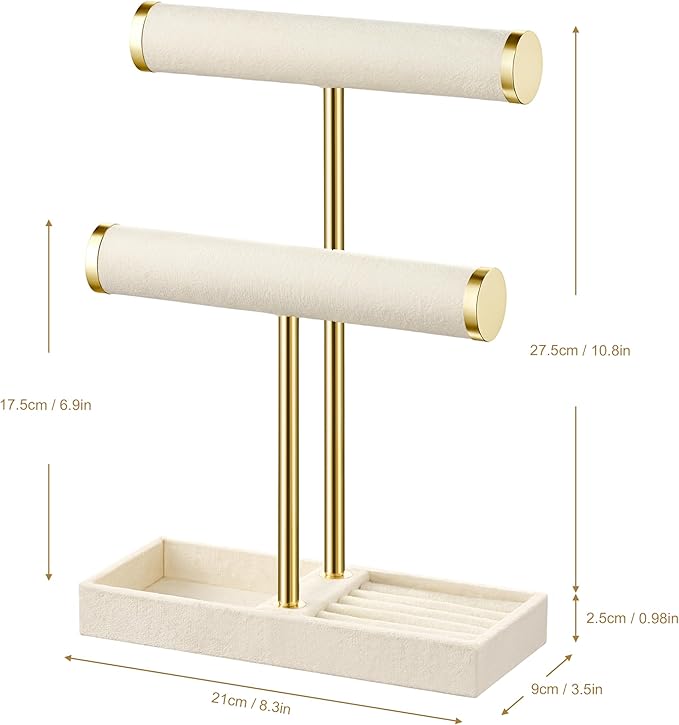 bussdis 2 Tier Bracelet Holder Display - Detachable T Bar Beige Velvet Bracelet Holder, Jewelry Holder Organizer for Bracelet, Necklace, Earrings, Rings