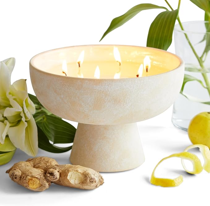 Blueme Happiness Candle | Yuzu & Ginger | 6 Wick - Refillable Wellness Candle with Essential Oils, Hand Finished & Poured Soy Wax Blend Ceramic Vessel, Natural Cotton Wicks | Giant 45 oz
