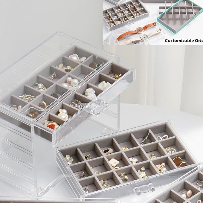 Jewelry Organizer with 5 Drawers Clear Acrylic Earring Display Case Velvet Jewelry Storage Box Display Holder for Earring Ring Bracelet Necklace (Gray, 66 Grids)
