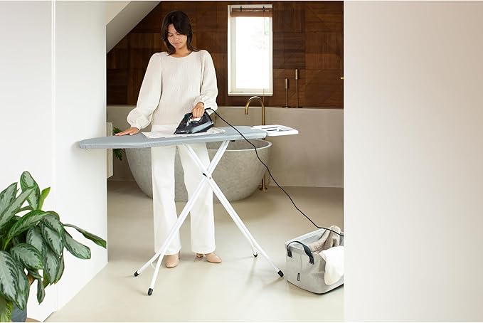 Brabantia - Ironing Board B – Solid Steam Iron Rest – Adjustable Height – Non-Slip Rubber Feet – 100% Fairtrade Cotton Cover with Foam Padding – Foldable – Metallized – Size B (49 x 15 in)