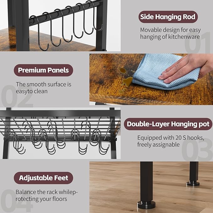 OMISRUIS 5-Tier Pot and Pan Organizer Rack with Hooks, Heavy-Duty Kitchen Storage Shelf for Cookware, Dishes, and Utensils, Freestanding Metal Pot Rack Organizer for Kitchen, Pantry, or Dining Room