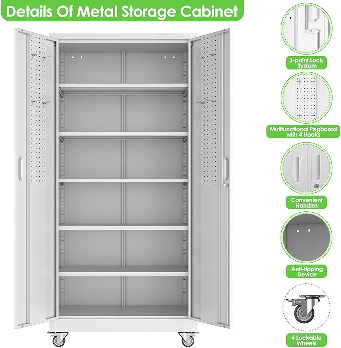 Reemoon71 H×32" W×16" D Metal Storage Cabinet with 5 Adjustable Shelves and Pegboard,Metal Garage Storage Cabinet with Wheels for Garage Home Office Utility Room,Required Assembly,White