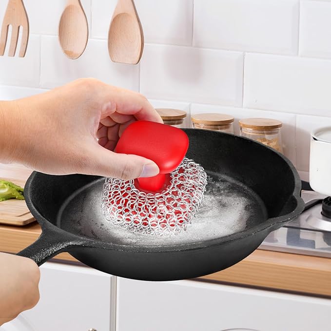 Purgreat Cast Iron Scrubber | Dish Scrub Brush | 316 Cast Iron Cleaner Chainmail Scrubber for Pan Skillet Cleaner - Dish Scouring Pad Dishwasher Safe Cleaning Kit, Red