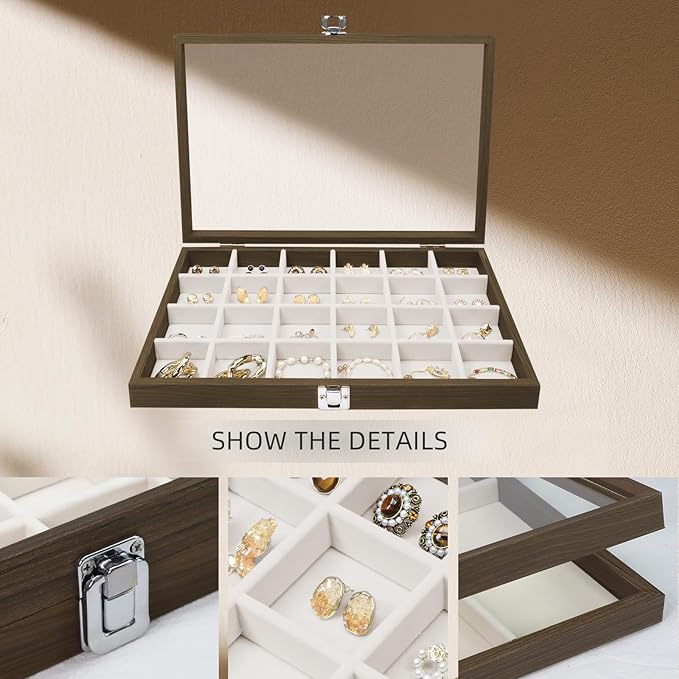 Wudygirl Wood Jewelry Organizer 24 Grid Jewelry Tray with Clear Lid Lockable Earring Holder Organizer Vintage Jewelry Box Ring Holder Gift for Women Girls (24 Grid)