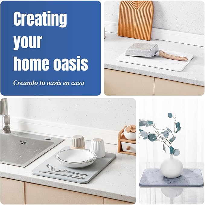 CREOMG Quick Dry Stone Drying Mat for Kitchen Counter, Water-Absorbent Diatomaceous Dish Drying Mats, Multi-Purpose Stone Drying Tray for Cups Dishes Bottles, Light Gray-Marble, 15.7" x 11.8"