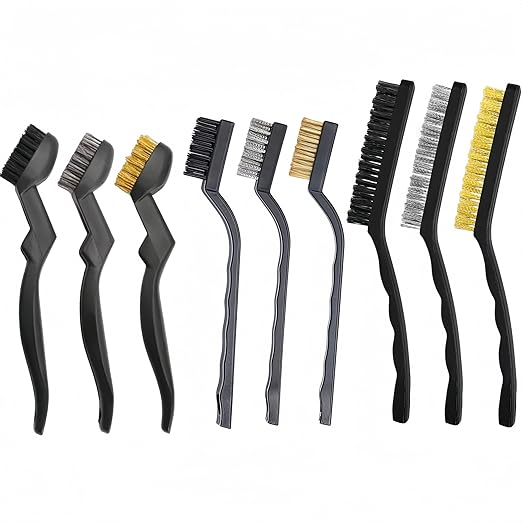 Wire Brush Set, 9-Piece, for Removing Weld slag, Rust and dust. Wire Cleaning Brushes comprise Three Different Sizes, Featuring Brass, Nylon and Stainless Steel Bristle Heads respectively, Black