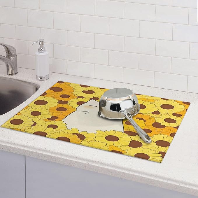 Cute Cat Dish Drying Mat for Kitchen Counter Microfiber Super Absorbent Non-Slip Dish Drying Pad for Countertops Dishes Utensils Stylish Quick-Dry Machine Washable 18x24 Inch