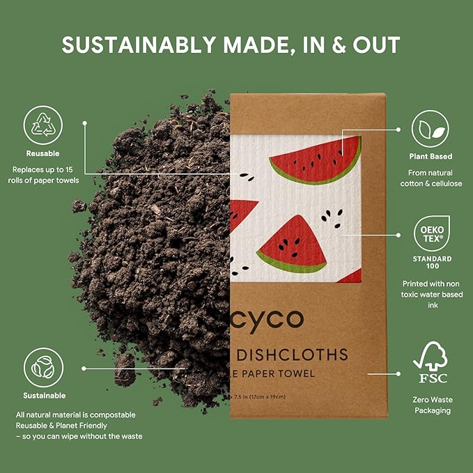 RECYCO Swedish Dishcloths for Kitchen | 6 Pack Tropical Fruit Washable Dish Rags | Cellulose Reusable Cleaning Paper Towels | Absorbent Counter Dish Cloth Sponge Kitchen Wipes, 8" L x 7" W