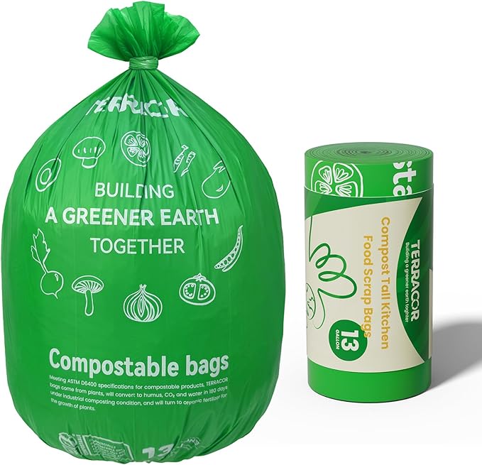 TERRACOR 13 Gallon Compostable Trash Bags, 40 Bags Compost Bags for Countertop Bin, Camping Toilet Bags for Portable Toilet, BPI Certified and Meet The ASTM D6400 Standard