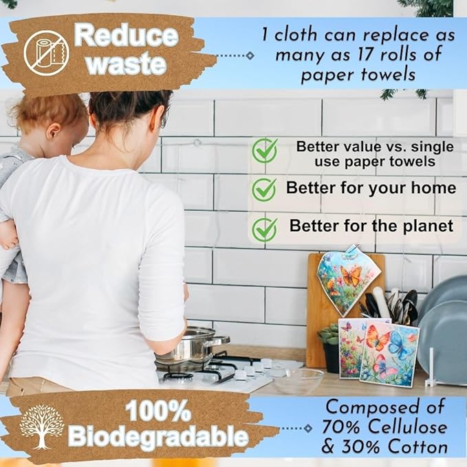 Sunshine State Goods Swedish Dishcloths for Kitchen - Ecofriendly Reusable Paper Towels, Biodegradable Dish Cloths - Cellulose Sponge Dish Cloths for Washing Dishes - 8 Pack (Butterfly)