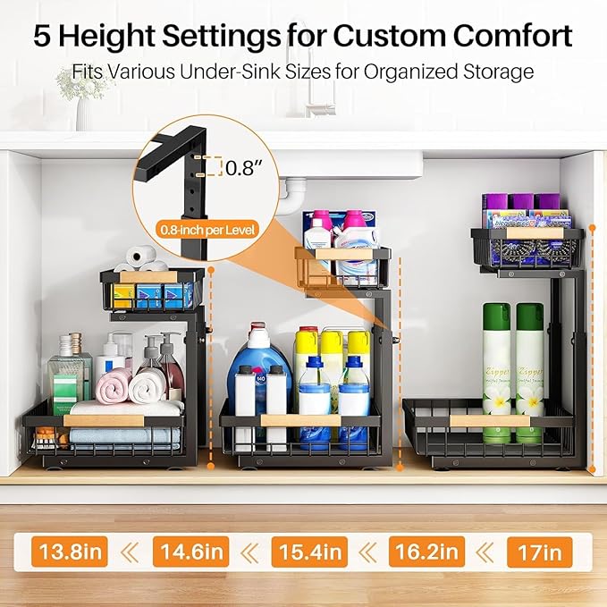 PXRACK(Small Version)2 Pack Under Sink Organizer,Adjustable Height,2 Tier Pull Out Under Cabinet Organizer,Slide Out Thickened Metal Storage Shelf for Kitchen Bathroom Laundry Pantry Cabinet,Black