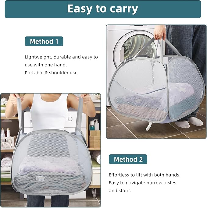 2 Pack Collapsible Laundry Baskets, 90L Large Foldable Laundry Basket, Durable Mesh Pop Up Hampers for Laundry, Dirty Clothes Laundry Hamper for Bedroom, Bathroom, Dorm, Laundry Room, Travel Grey