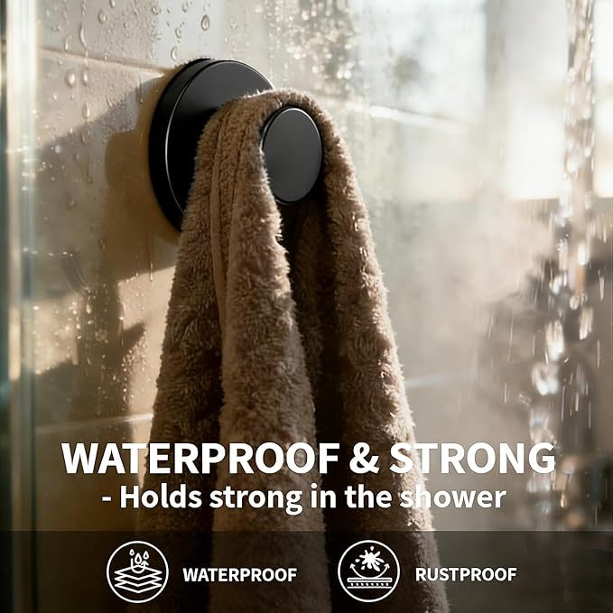 2026 Heavy Duty Black Suction Cup Hooks for Shower - 4 Pack, No Drill & No Damage Waterproof Hooks for Glass Door/Tile, Strong Hold for Towels, Robes
