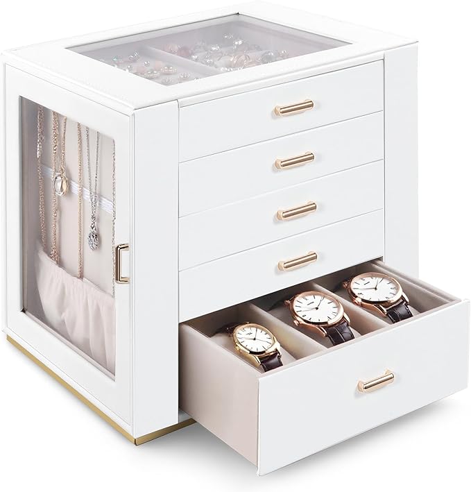 GUOER Jewelry Box 5 Layer for Women, Glass Lid Jewelry Organizer with 5 Drawers for Necklaces Rings Earrings Bracelets, Functional PU Leather Jewelry Storage Case Holder (White)