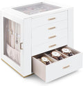 GUOER Jewelry Box 5 Layer for Women, Glass Lid Jewelry Organizer with 5 Drawers for Necklaces Rings Earrings Bracelets, Functional PU Leather Jewelry Storage Case Holder (White)
