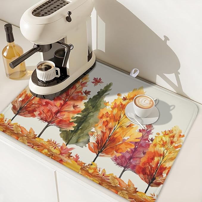 Fall Maple Leaves Dish Drying Mat for Kitchen Counter 24x18 Inch Watercolor Autumn Drying Mat with Absorbent Reversible Microfiber Orange Dish Drainer Mats Rack Pad for Coffee Countertop Protector