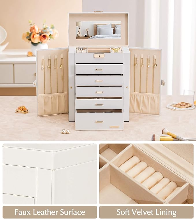 Homde Jewelry Box Large for Women: 6 Layers 5 Drawers Organizer with Mirror for Ring Earring Necklace - Storage Holder with Lock for Dresser (White) - Christmas Gifts