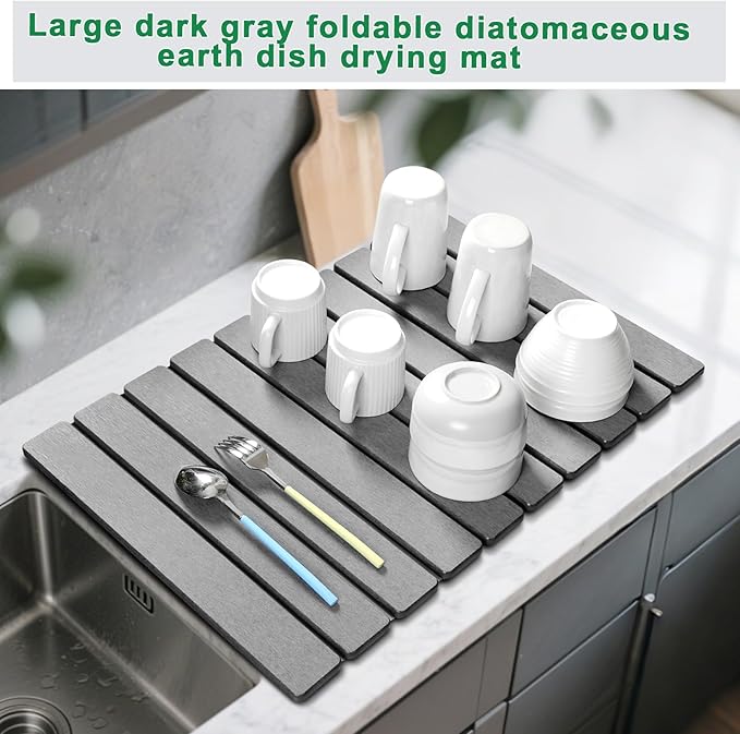 Stone Drying Mat for Kitchen Counter, Large Foldable Diatomaceous Earth Dish Drying Rack, Absorbent Diatomaceous Quick Dry Stone Mat Kitchen Dishes Bottles Cups Bathroom Any Countertop 24"(L)×16"(W)