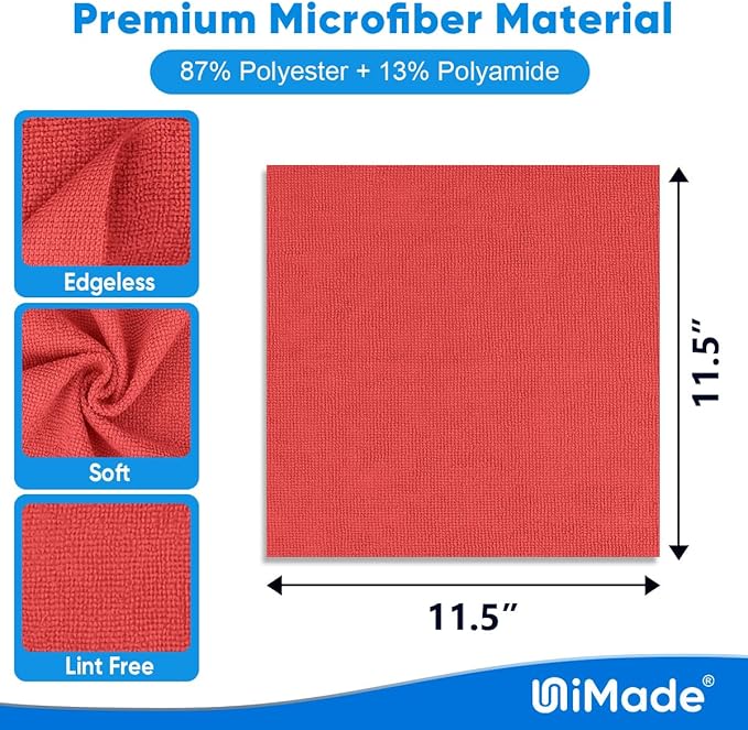 UNIMADE Microfiber Cleaning Cloth, 20 Pack Reusable Microfiber Towels for Cars Lint Free Cleaning Shop Towel Rags for Home Kitchen Automotive Bar Mechanic Restaurant Garage, 11.5"x 11.5", Red
