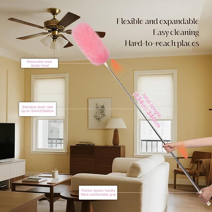 iHUFeather Extendable Lambswool Duster Stainless Steel Handle 133" Removable Feather Duster for Cleaning Ceiling Fans Interior Roof Furniture, Pink